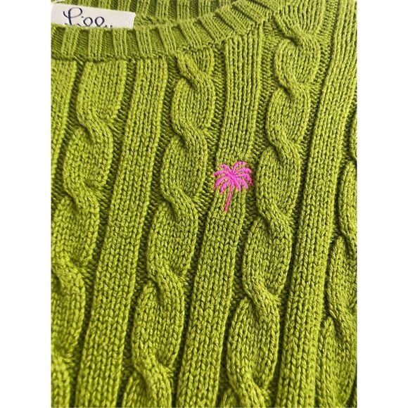 LILLY PULITZER Vintage Lime Green Cable Knit Palm Crewneck Sweater, Sz Small - Picture 2 of 8